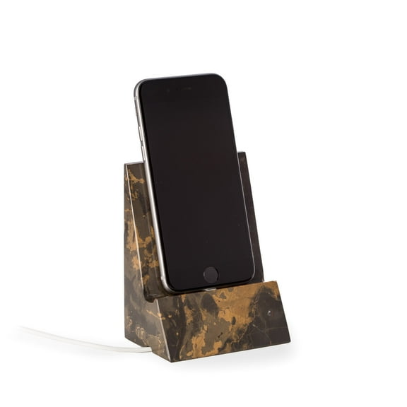 "Tiger Eye" Marble Desktop Phone / Tablet Cradle with a Pass-thru Hole for Charging Cable.