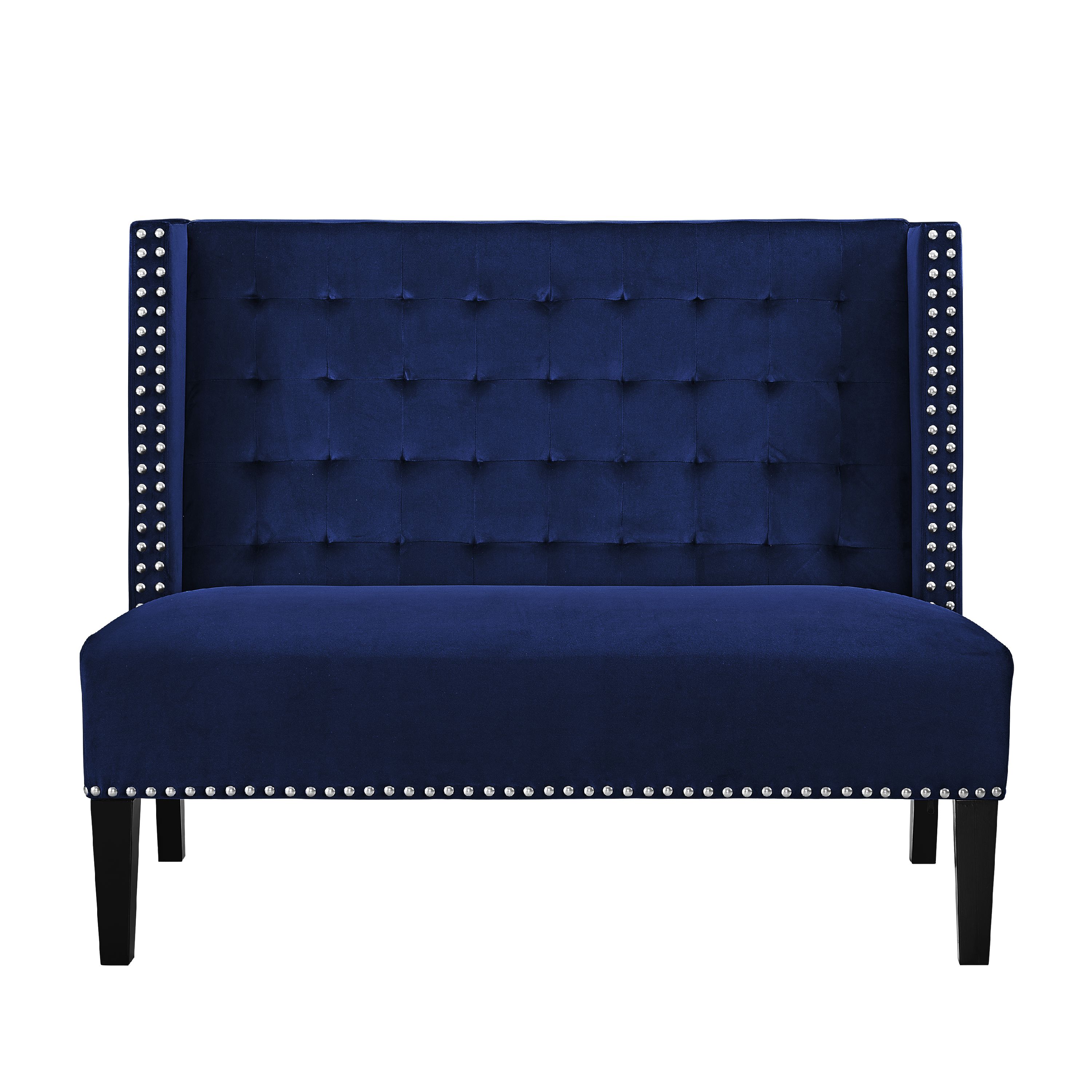 Tufted Nailhead Trim Entryway Bench in Navy Blue Velvet