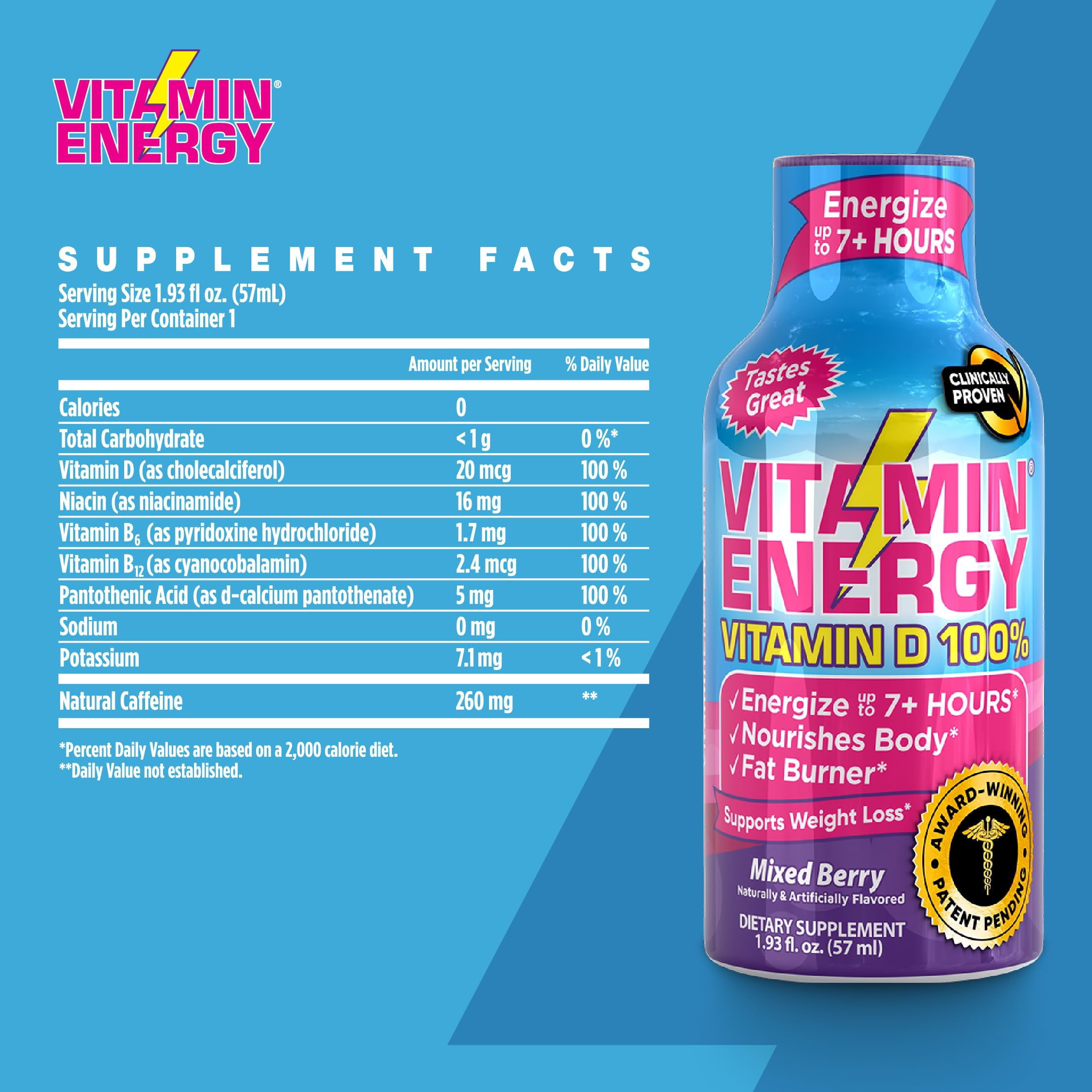 Vitamin Energy Vitamin D Extra Strength Shot, Mixed Berry, 12 Pack – 260mg Natural Caffeine, B-Complex & Vitamin D, Zero Sugar, 1.93 fl oz