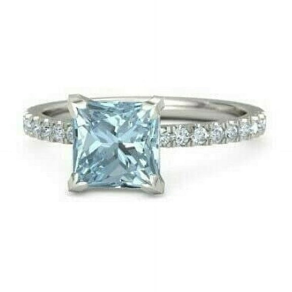 HeartsAndYou 4ct Princess Natural Blue Aquamarine Moissanite Accent Ring 14k SOLID White Gold