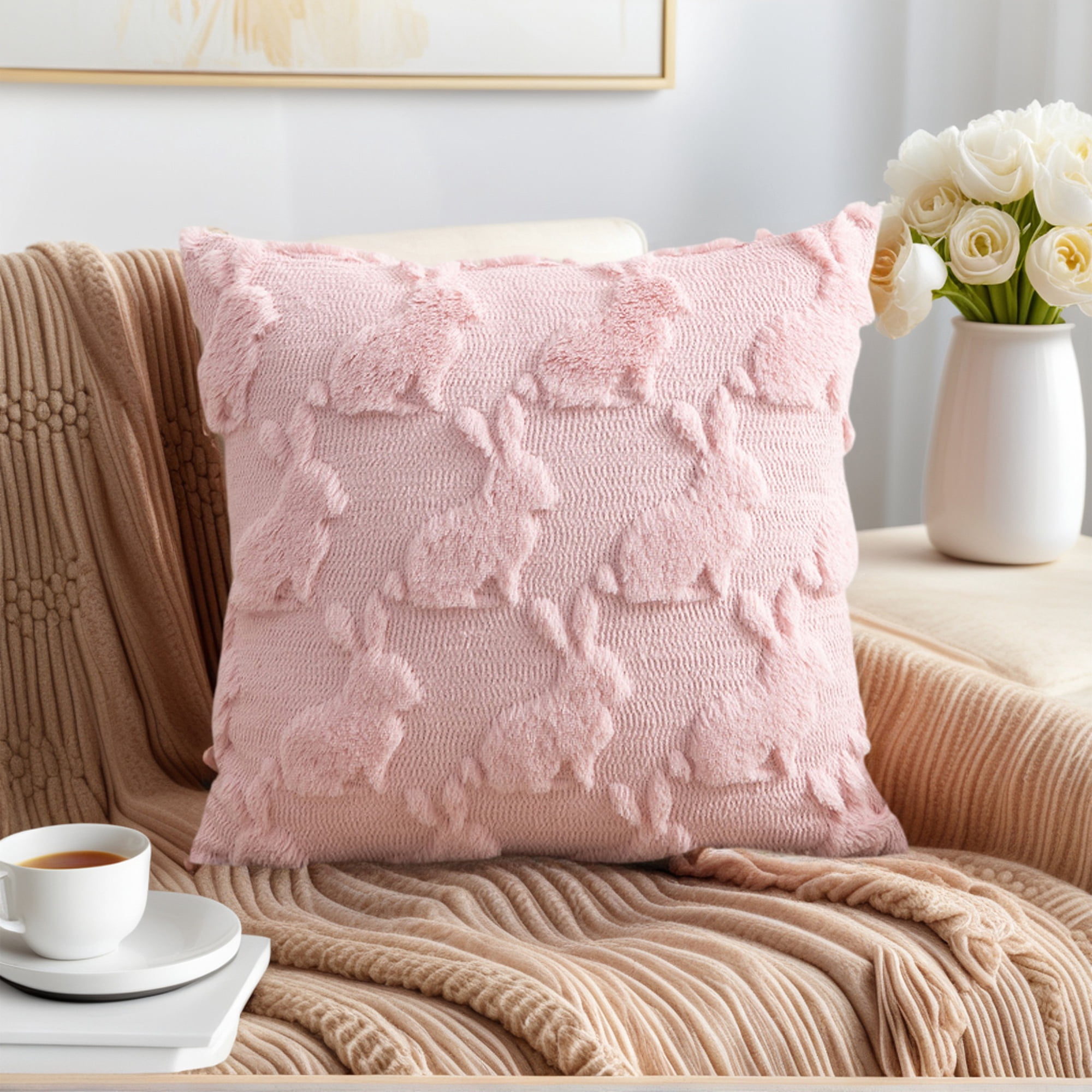 Unique Bargains Throw Pillow Covers Bunny Easter Decorations Pink Pattern 1 18" x 18"