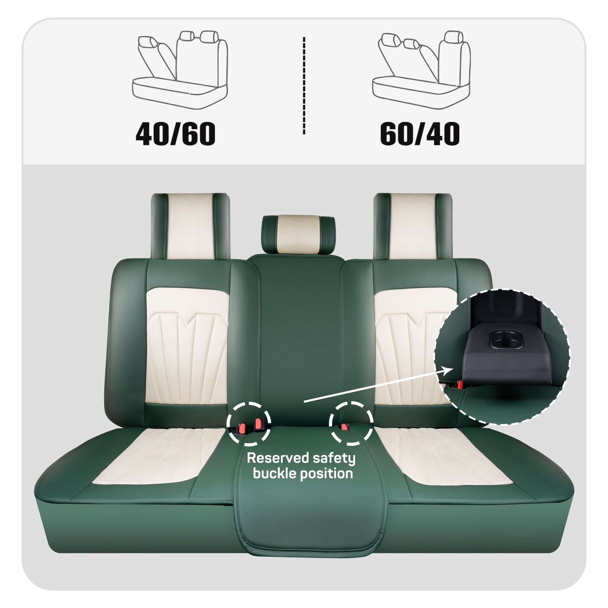 Caromop Universal Car Seat Covers Full Set,3D Foam Support in Velvet & PU Leather,Armrest Compatible for Cars, Trucks, SUVs (Beige/Green)
