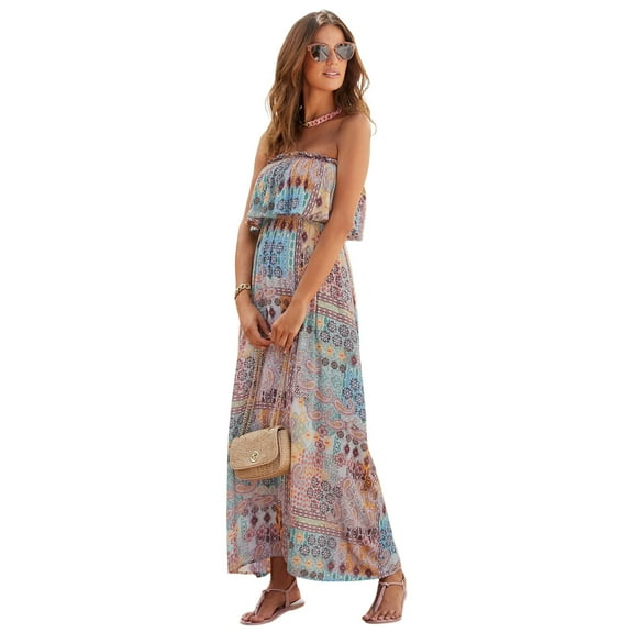 LASCANA Women's Patchwork Print Bandeau Maxi Dress Ruffle Trim