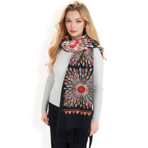 Women's Floral Mandala Embroidered Scarf with Fringed Edges and Lightweight Fabric-Black