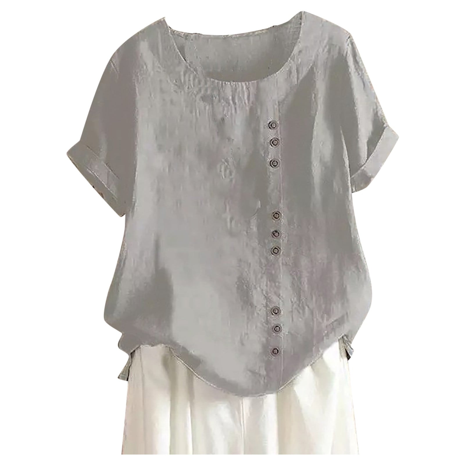 WEIYLL Ladies T Shirts Plus Size Linen Loose Tunic Breathable Boho Solid Grey Tee Sizes L