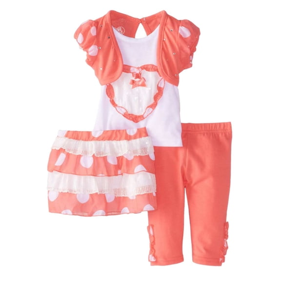Young Hearts Infant Girls Coral & White Top Leggings Skirt Outfit 3 PC Set 12m