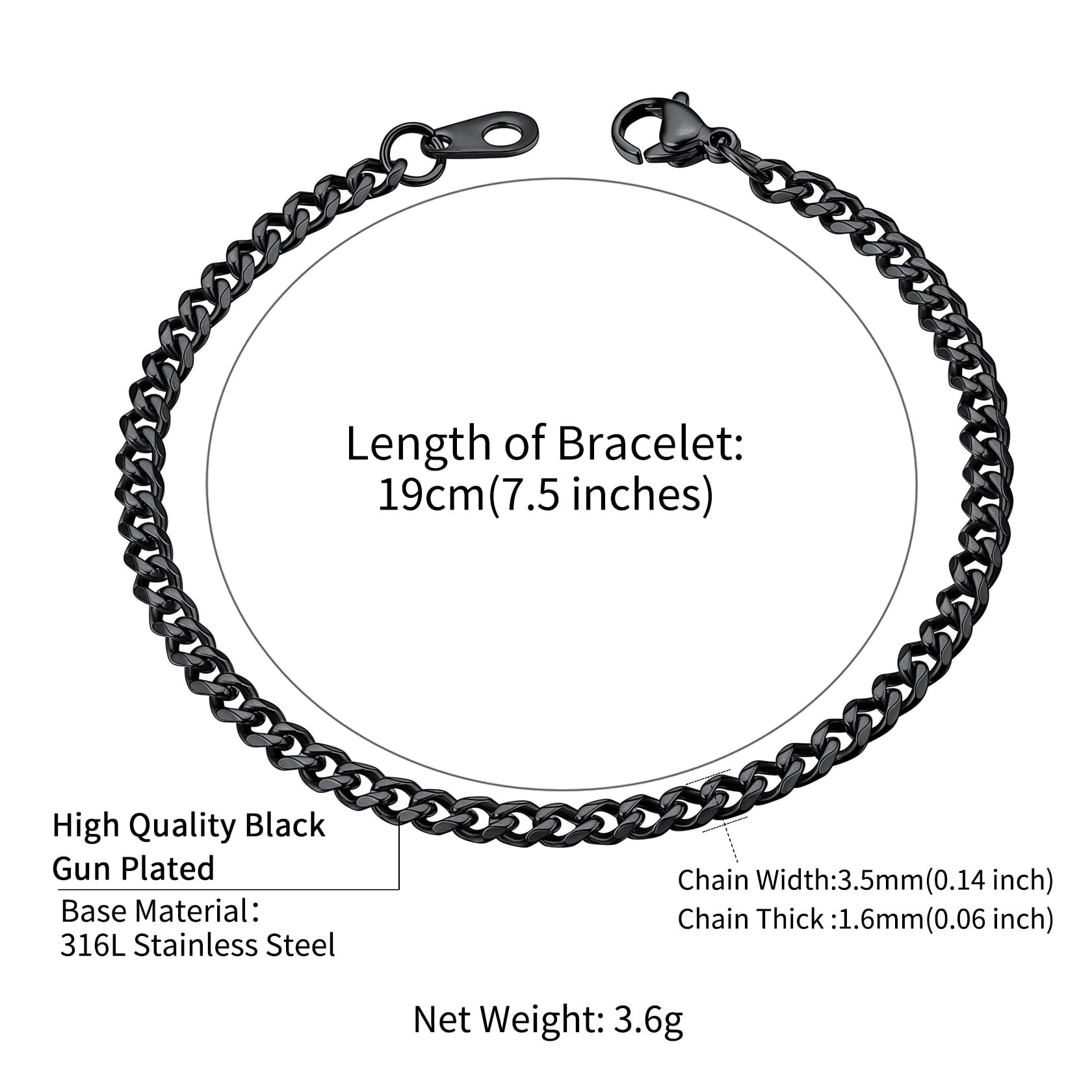ChainsHouse Trendy Black Cuban Link Bracelets for Women Men 3mm Waterproof Chain Bracelet Jewelry Gift, 7.5inch