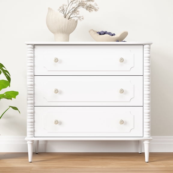 ZOSQUARE 3 Drawer Dresser, White 32 inch Wide Nightstand Modern Chest of Drawers with Turned Legs, Dresser for Bedroom Side Table