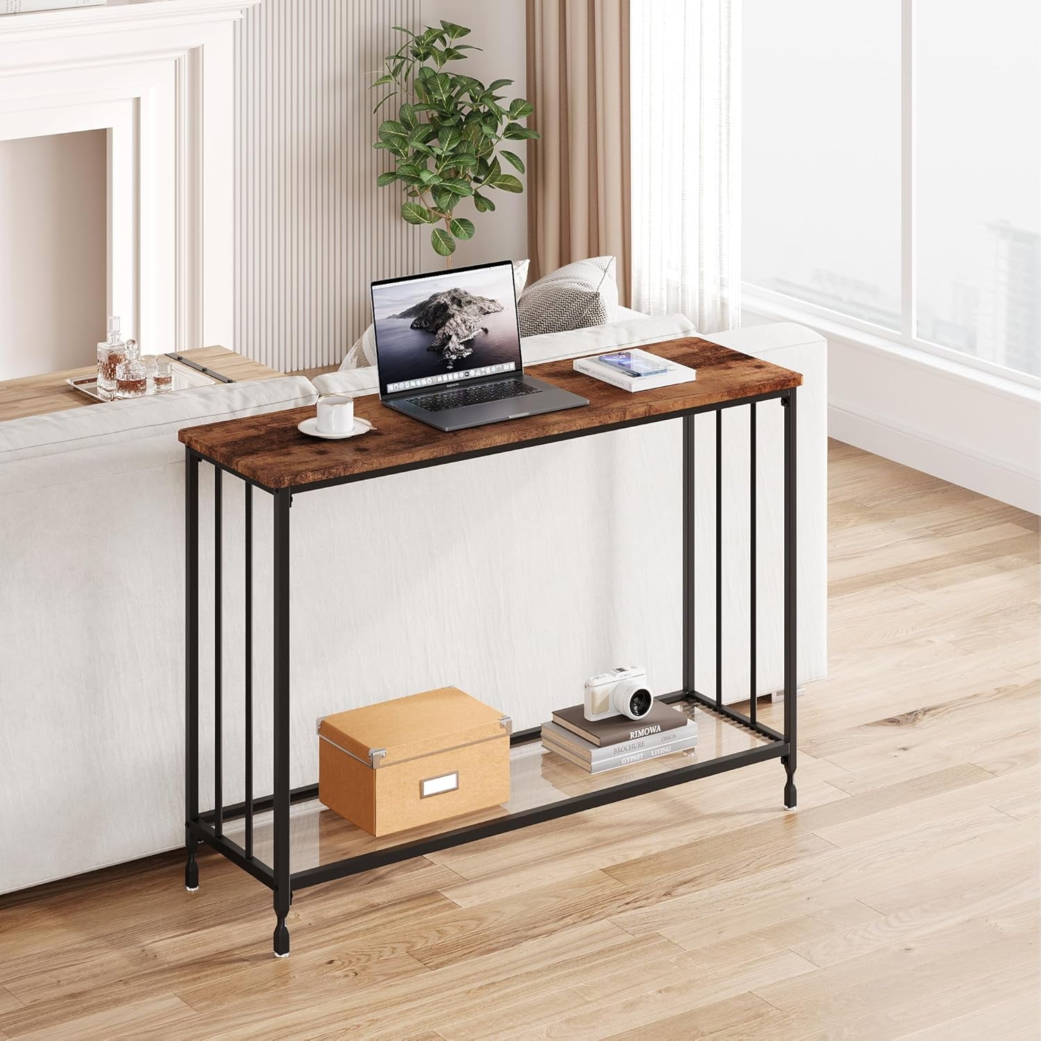 Console Table Small Entryway Table Narrow Sofa Table with Glass Storage Shelves, 2 Tier Accent Couch Table Hallway Side Table for Entry Way Living Bedroom Home Office Small Space, Brown