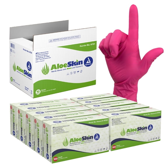 Dynarex AloeSkin Nitrile Exam Gloves with Aloe, Powder-Free, Disposable Gloves with Aloe Vera for Dry Hands, Magenta, Small, 1 Case of 1000 Gloves - 10 Boxes of 100 Gloves