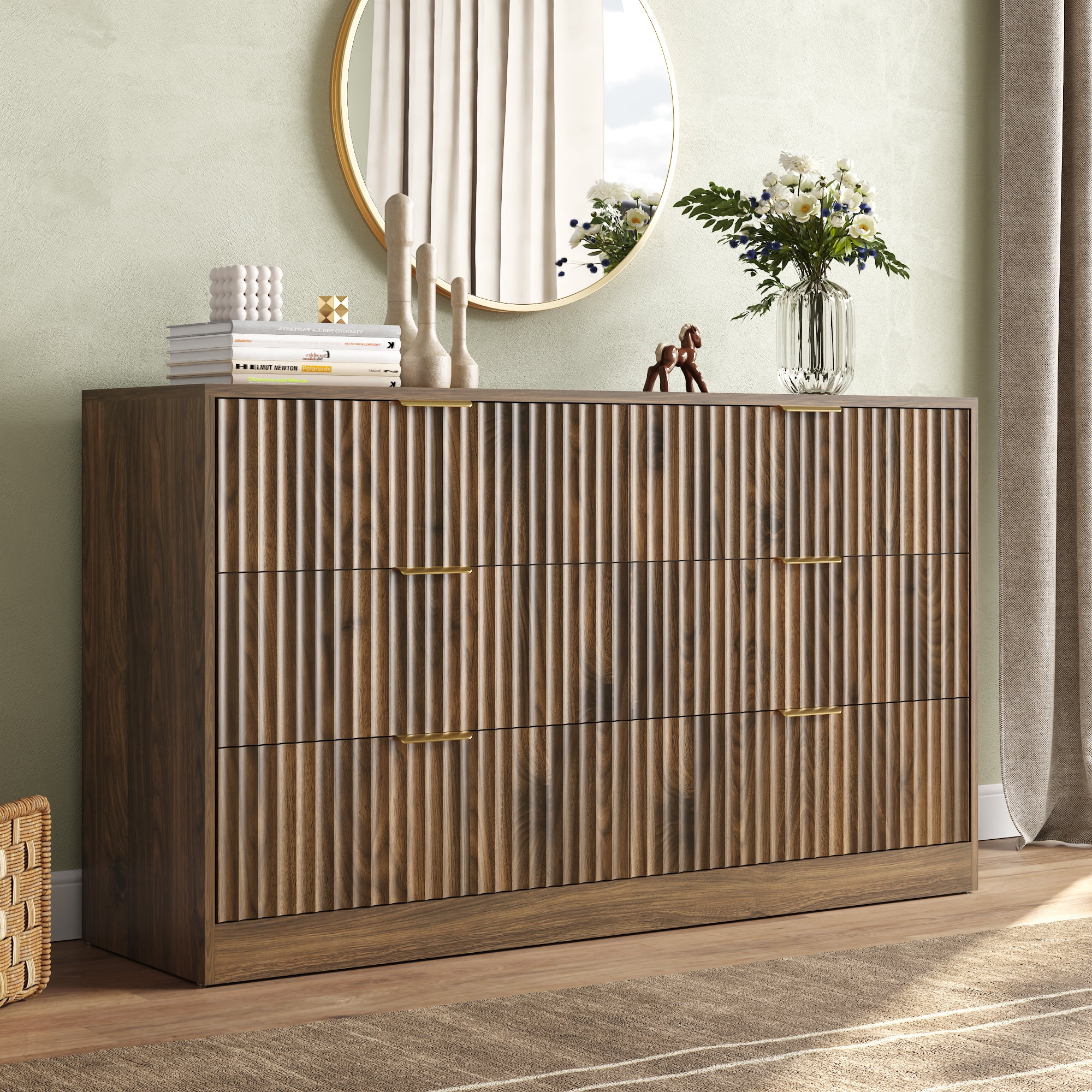 ASTUVIA 55.1" W Fluted 6 Drawer Dresser for Adult,Wooden Bedroom Dresser,Dresser TV Stand up to 65" for Living Room,Brown