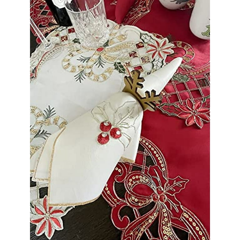 Christmas Cotton Fabric Cloth Dinner Napkins - Red Poinsettias, Holly &  Lace - Elegant Floral