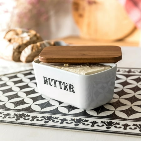 Better Homes & Gardens Porcelain Butter Dish with Rubberwood