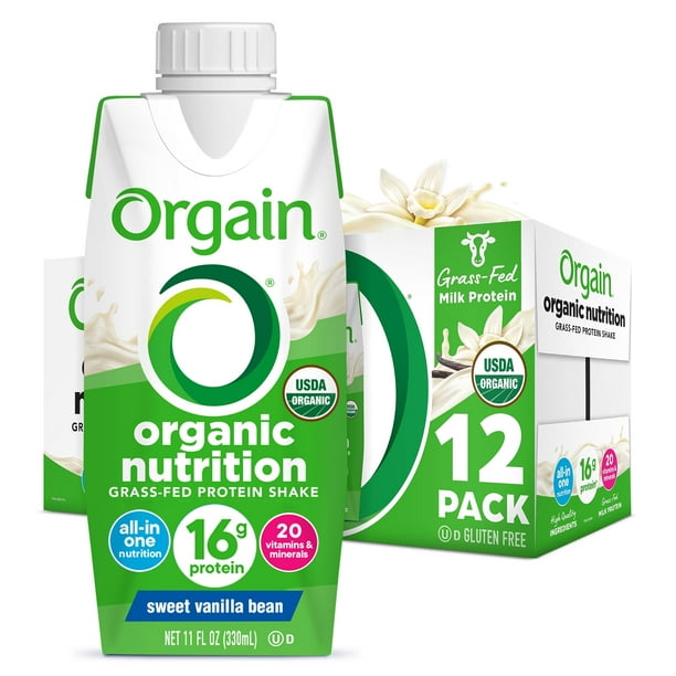 Orgain Organic Nutritional Protein Shake, Vanilla Bean - 16g Grass Fed Whey Protein, Meal Replacement, 20 Vitamins & Minerals, Fruits & Vegetables, Gluten Free, Non-GMO, 11 Fl Oz (12 Pack)