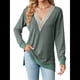 thumbnail image 3 of Blusas de Otoño para Mujer, con Escote en V, Encaje, Larga, Holgadas, con Ribete de Bloques de Color, Moda 2025 Verde L, 3 of 10