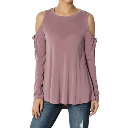 TheMogan Junior's Cold Shoulder Long Sleeve Stretch Modal Tee Cutout T-Shirt (Best Stretches For Tight Neck And Shoulders)