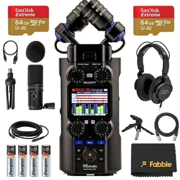 Zoom H5 Studio Handy Recorder Bundle with ZDM-1 Podcast Mic Pack (Dynamic Mic, Headphones, Windscreen, XLR Cable, Tabletop Stand), 64GB SD Cards, AA Batteries, Table Tripod Grip