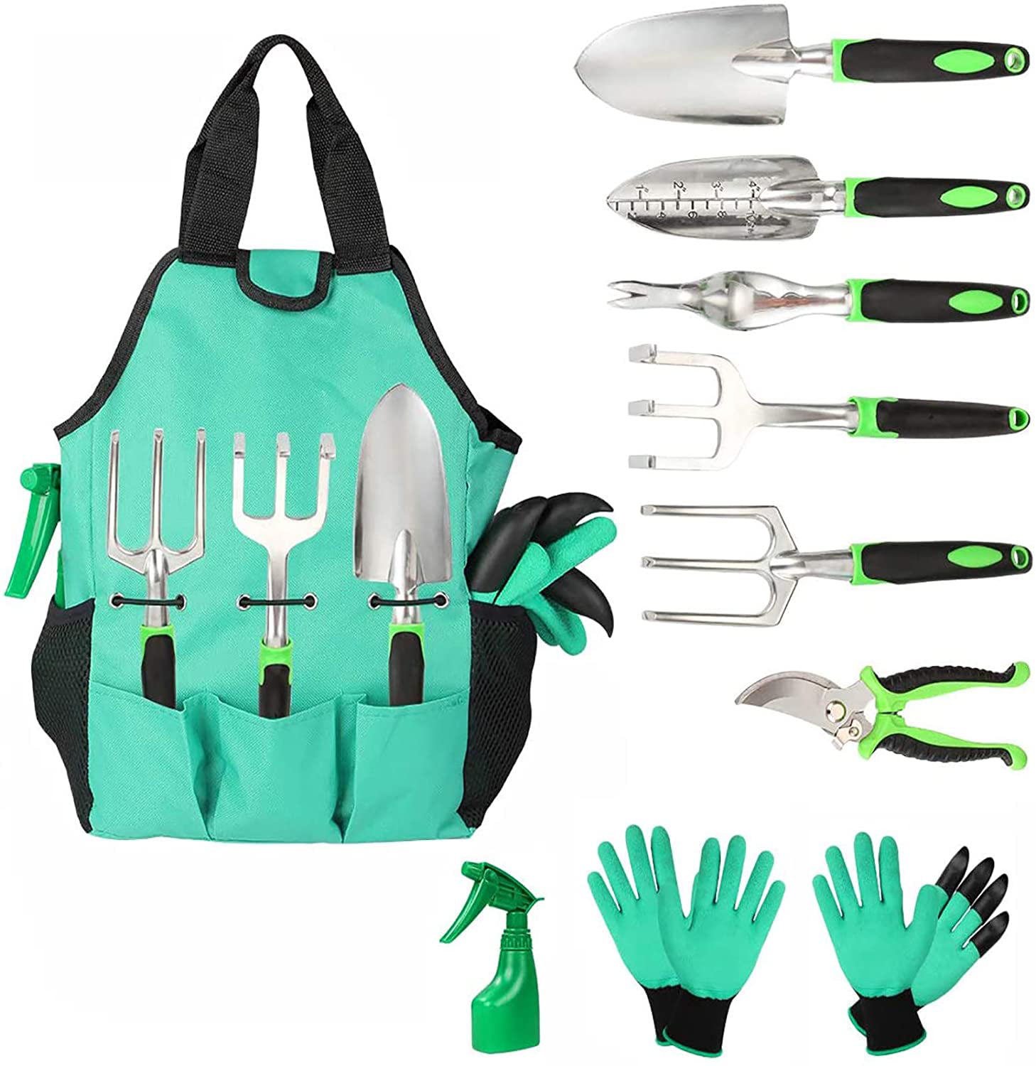 PUELDU Garden Tool Set,6 Pcs Heavy Duty Hand Tool Kit with Storage Tote,Transplanting Mat,Kneeling Pad,Digging Claw Gardening Gloves,Gardening Gifts for Women/Parent