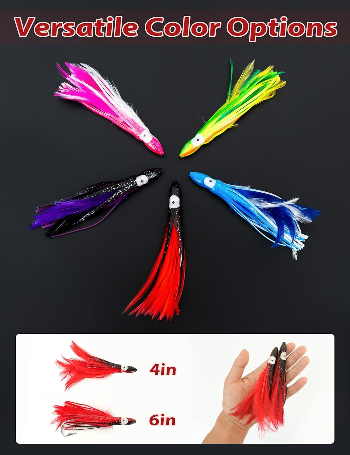 BLUEWING Tuna Feather Daisy Chain Squid Chain Fishing Teaser Lure with 6in Feathered Trolling Squids and Stainless Steel Trolling Hook Big Game Trolling Lure for Tuna Mahi Wahoo Marlin, Black/Red