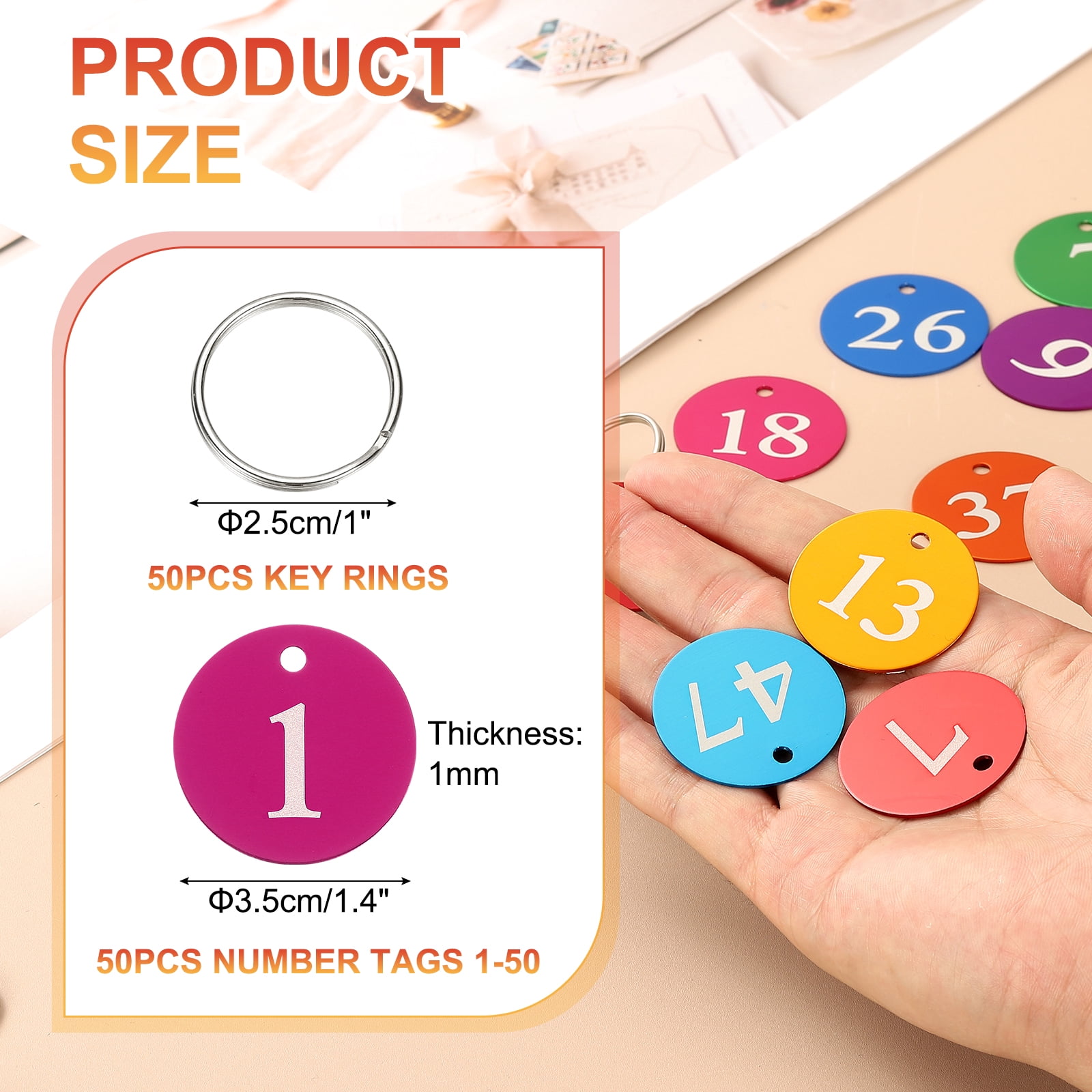 50PCS Number Tags 1-50, Number Key Tags Aluminum Numbered Tags Metal Key Tags Keychain with Key Rings for Organizer Field Sales Hangers Clothes Labels ID Tag, Rose Red