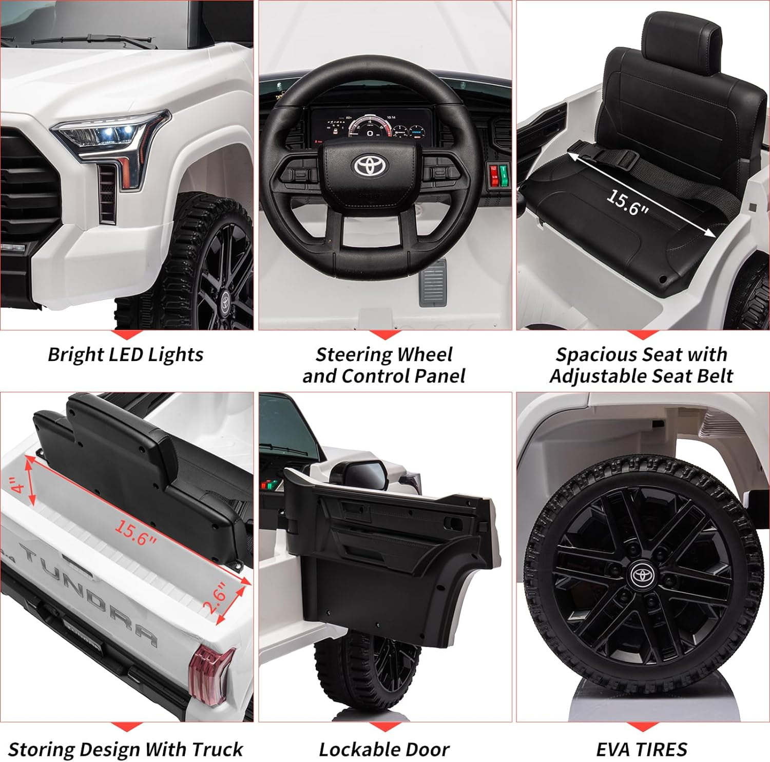 Toyota Tundra 12V Ride on Truck Car for Kids, , Battery Powered Electric Toys with Remote Control, MP3, LED Lights, Suspension System, Double Doors, Safety Belt, for 3+ Years Old, White