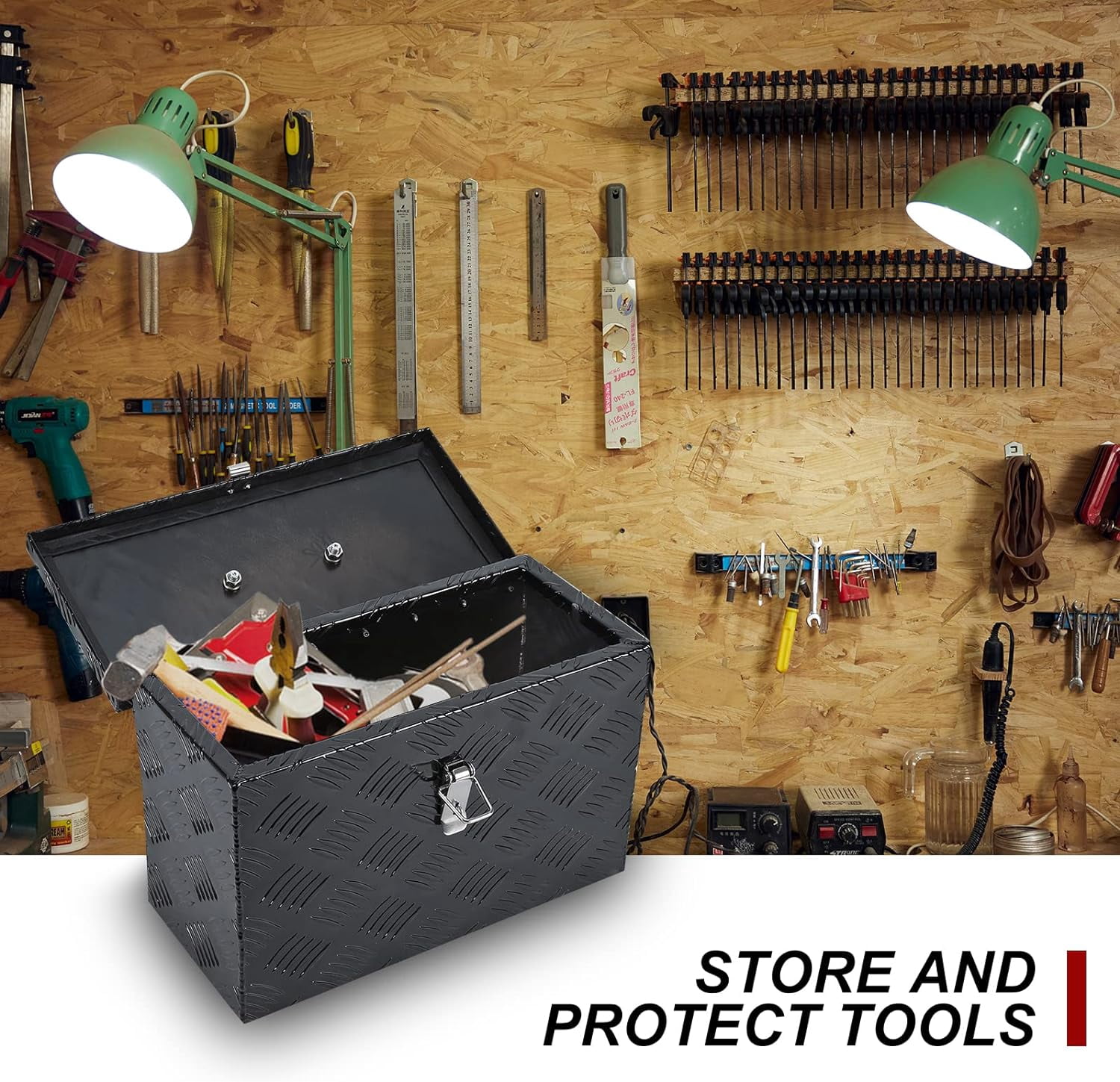 Confote 16"X7.5"X10" Heavy Duty Aluminum Stripes Plated Tool Box, Pick Up Truck Bed RV Trailer Toolbox Square Storage Organizer with Lock and Keys Black