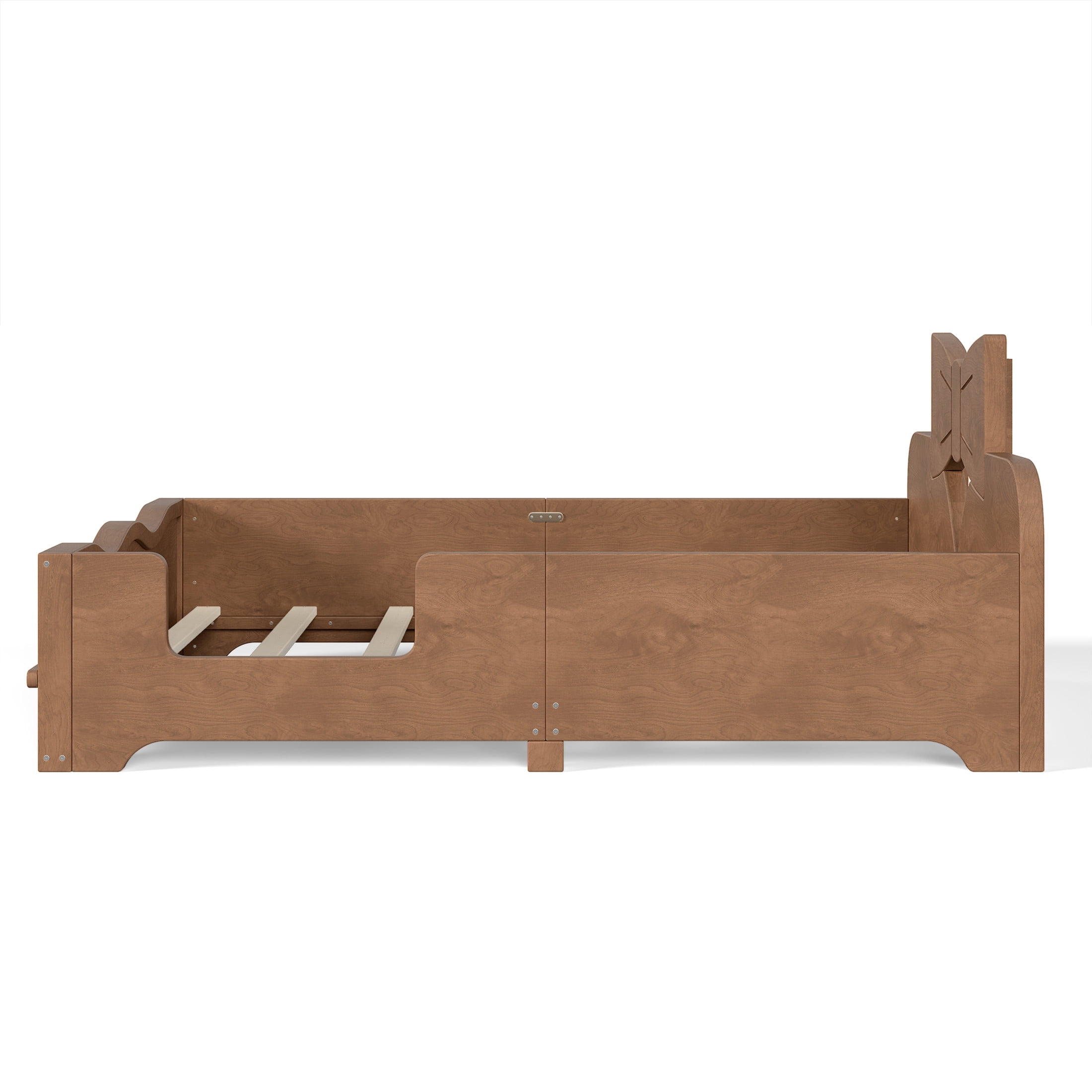 GDF Studio Full Size Kids Platform Bed with Bowknot Headboard, Guardrails & Bookshelf, Brown