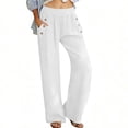 thumbnail image 2 of Miluxas Womens Summer Solid Straight Leg Slacks Comfy Elastic Waistband Pocket Pants Lightweight Soft Beach Vacation Pants White, 2 of 9