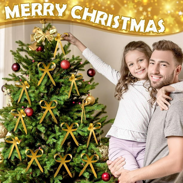 Adornos navideños, adornos navideños, regalos navideños dorados con clip, lazo de metal, decoración navideña para árbol de Navidad, corona y otros adornos para el hogar, pajaritas de metal.