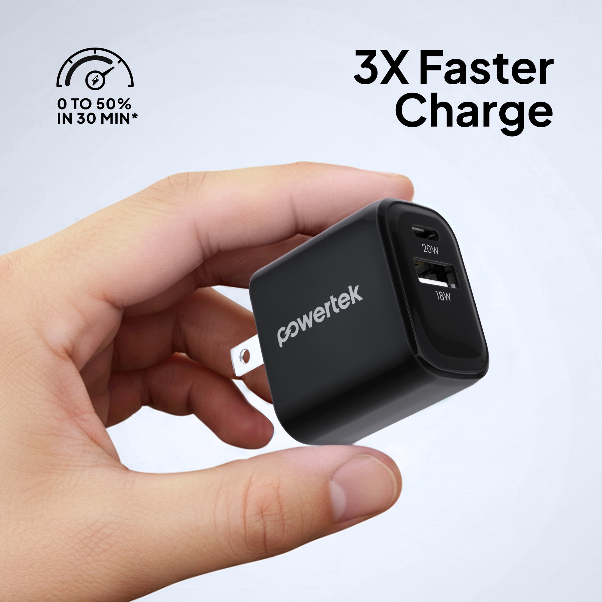 Powertek Luxe 20W USB-C + 18W USB-A Fast Charging Dual Port Block, Black, Compatible with iPhone, Android, Tablets & USB Devices, Compact Travel Adapter