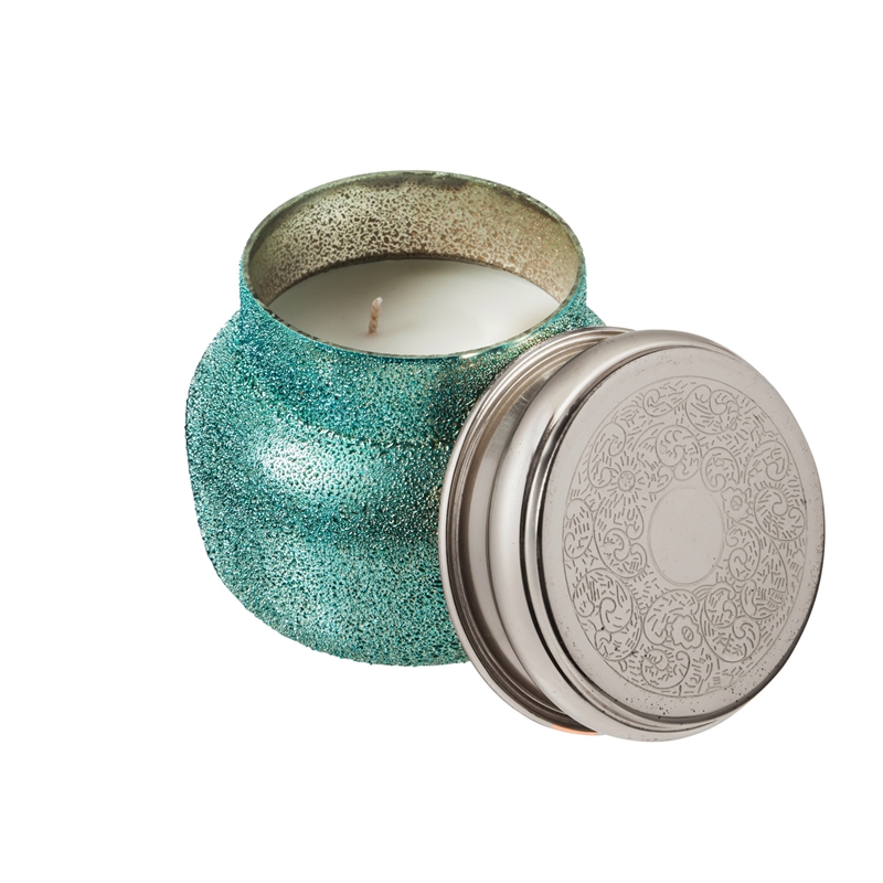 Small Beaded Glass Jar Candle with Metal Lid, Blue