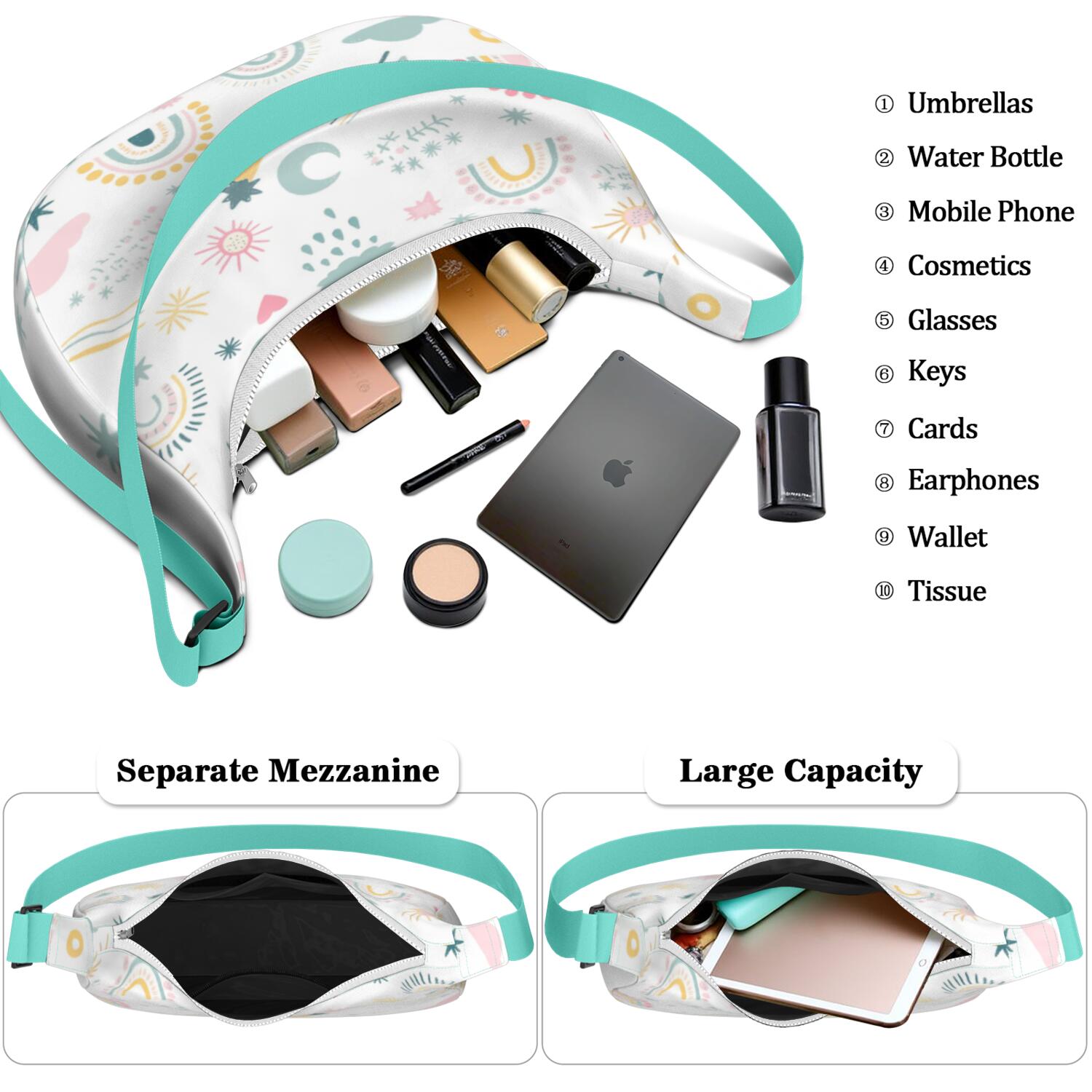 Rainbow Cartoon Sling Bag Lightweight Bag for Travel Vacation Shopping Hiking Cycling Gym