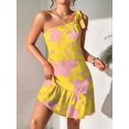 thumbnail image 5 of Women'S One Shoulder Leaf Print Self-Tie Short Dress Sleeveless Tiered Hem Formal Dress Yellow L, 5 of 9