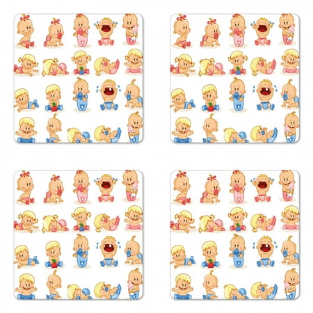 

Gender Reveal Coaster Set of 4 Newborn Composition with Various Face Gestures Crying Sleeping and Smiling Square Hardboard Gloss Coasters Standard Size Multicolor by Ambesonne