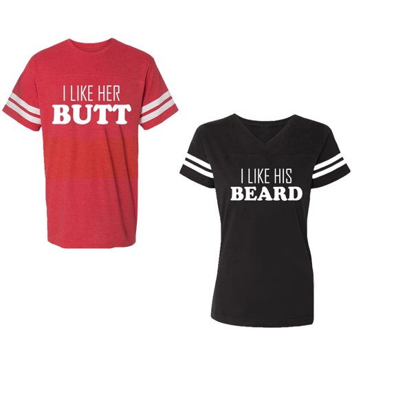 I Like Her Butt his Beared Unisex Couple Matching Cotton Jersey style T-Shirt Contrasting stripes on sleeves (Men Red / Women Black) (Men S / Women S)