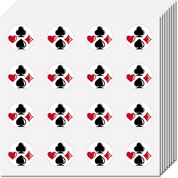 128 pegatinas de póker para álbumes de recortes, autoadhesivas, redondas, con temática de juego, color negro, rojo, Las Vegas, con forma de espada y corazón.