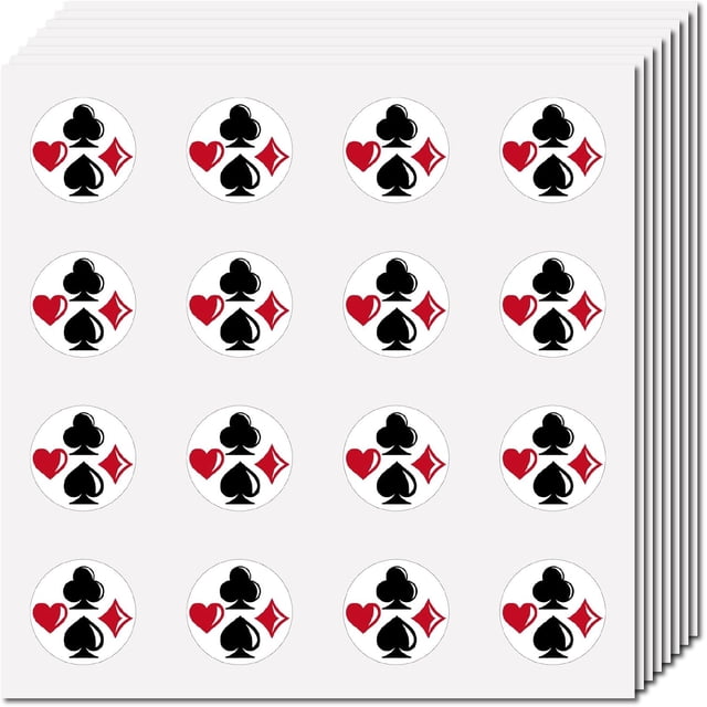 128 pegatinas de póker para álbumes de recortes, autoadhesivas, redondas, con temática de juego, color negro, rojo, Las Vegas, con forma de espada y corazón.