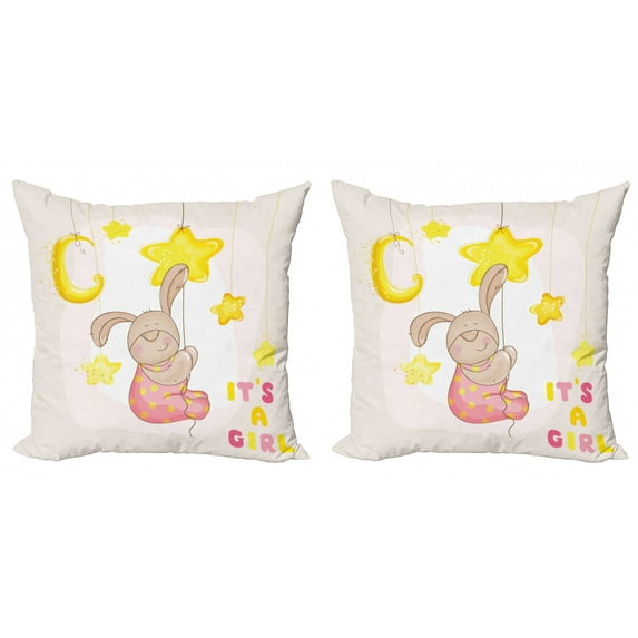Ambesonne Moon Throw Pillow Cover 2 Pack, Cartoon Bunny Stars Moon, 16", Pale Pink Yellow Tan