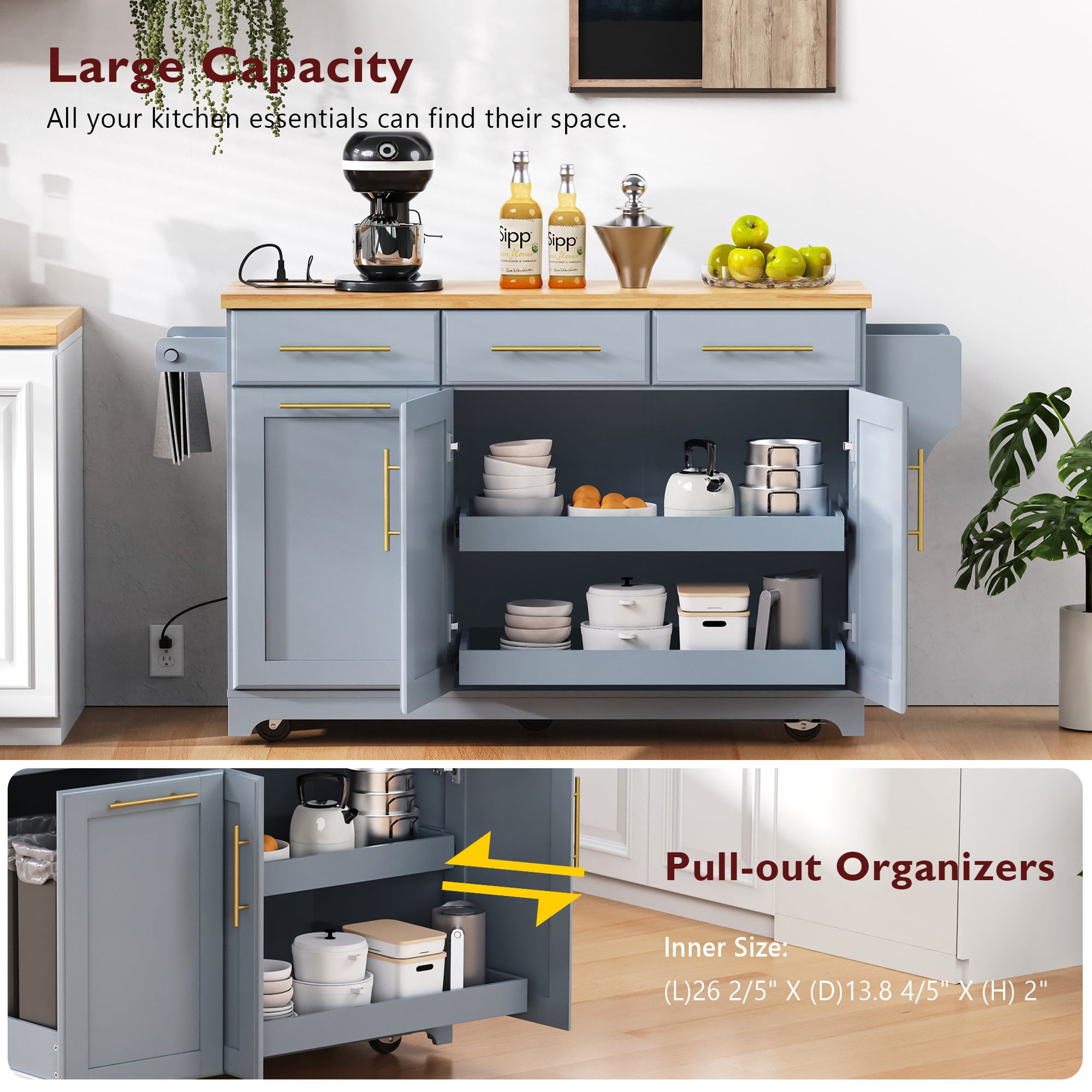 Aukfa 59" Kitchen Island with Power Outlet & Trash Cabinet, Rolling Kitchen Cart, Pull Out Organizers & Drop Leaf,Gray