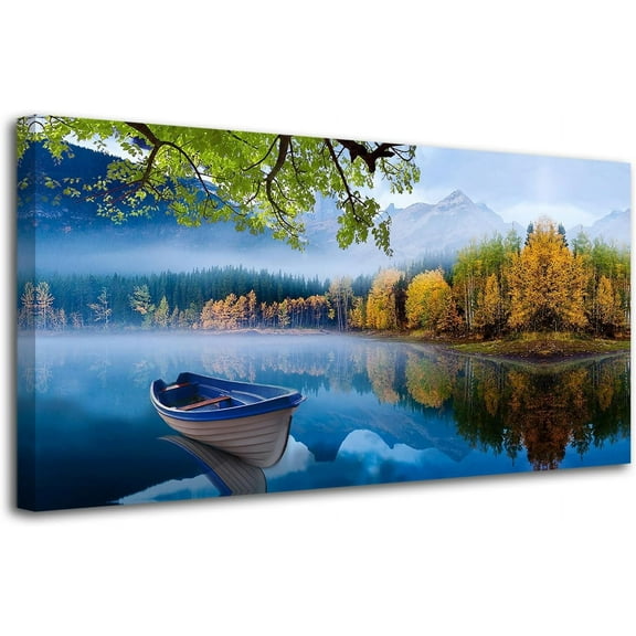 Aaheei Lake Canvas Wall Art Blue Mountain Sky Nature Landscape Picture Boat Artwork Modern Scenic Painting for Living Room Bedroom Dinning Room Home Office Wall Decor
