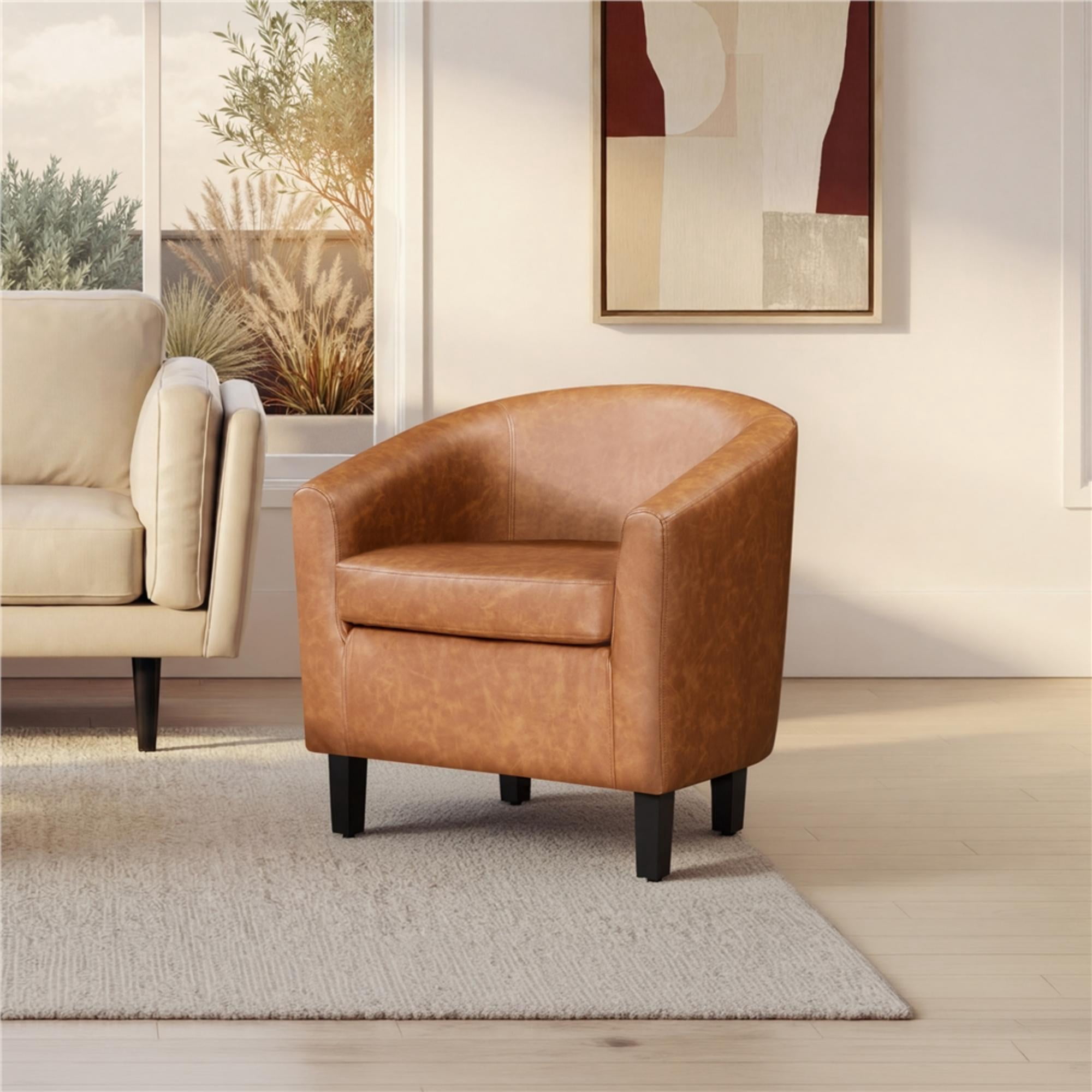 Renwick Faux Leather Barrel Accent Chair for Living Room, Set of 2, Brown