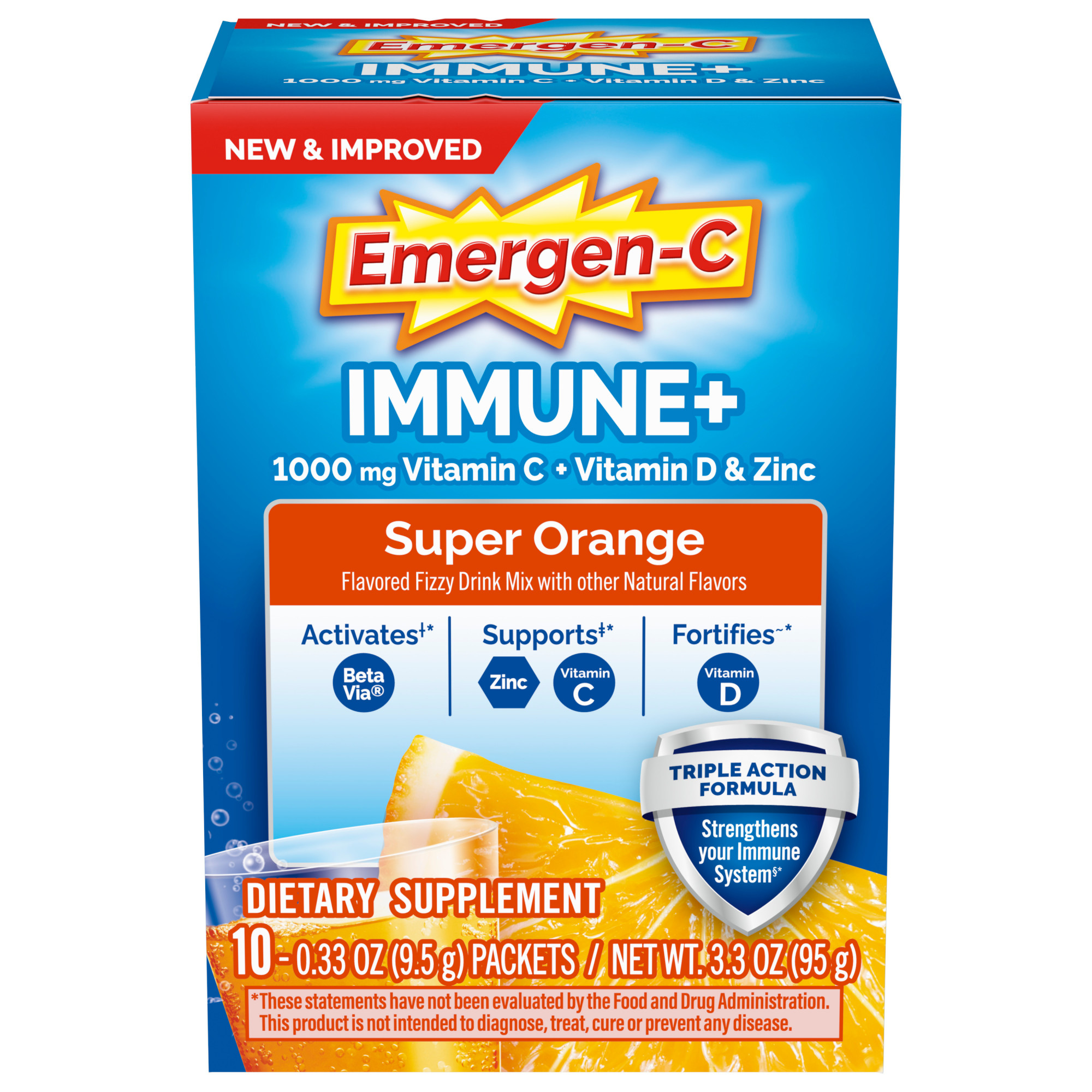 Emergen-C Immune+ Triple Action Immune Support Powder, Betavia (R), 1000Mg, Vitamins C, B, D and Antioxidants, Super Orange – 10 Count