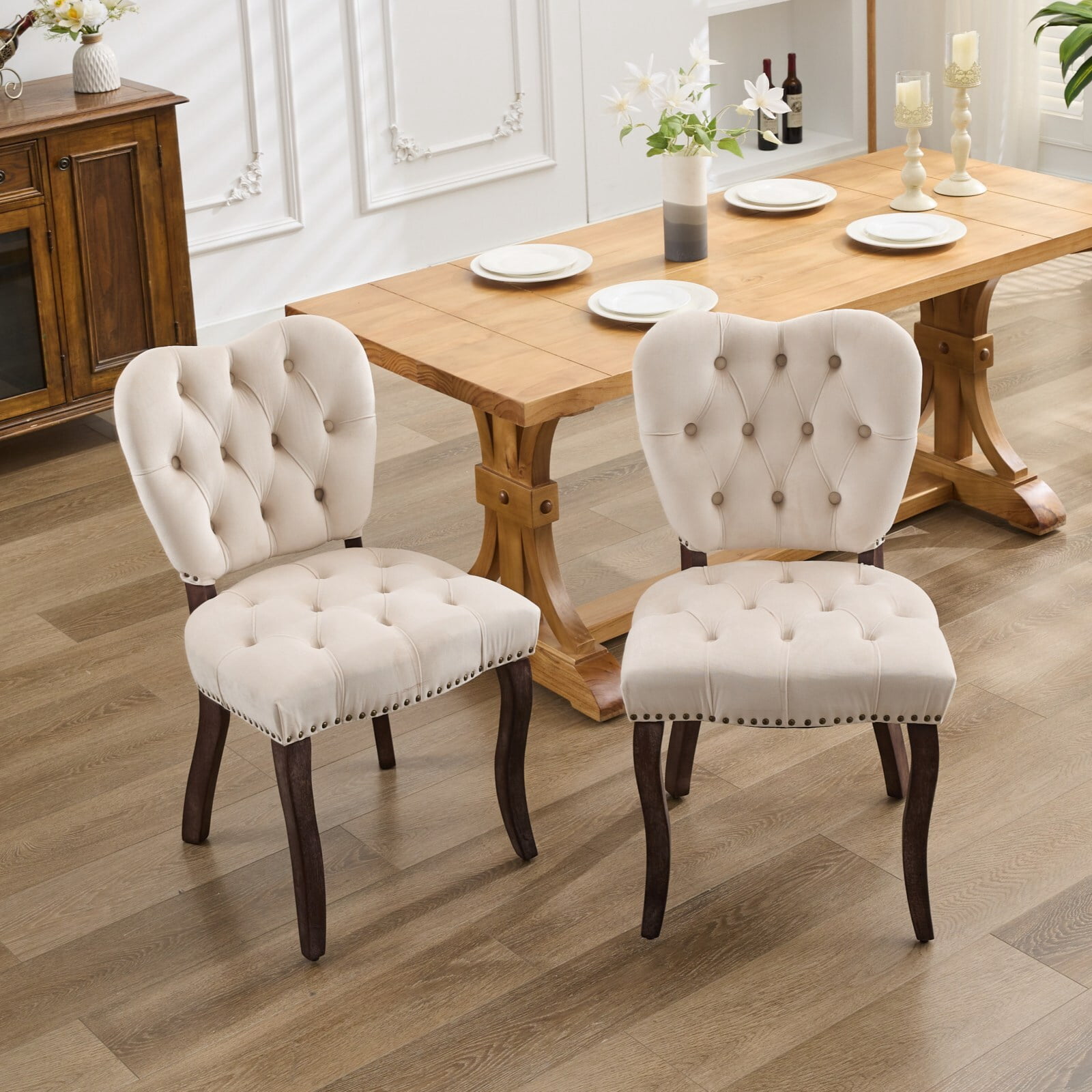 DEALTOPS French Vintage Tufted Upholstered Fabric Dining Chair,Set of 2,Beige