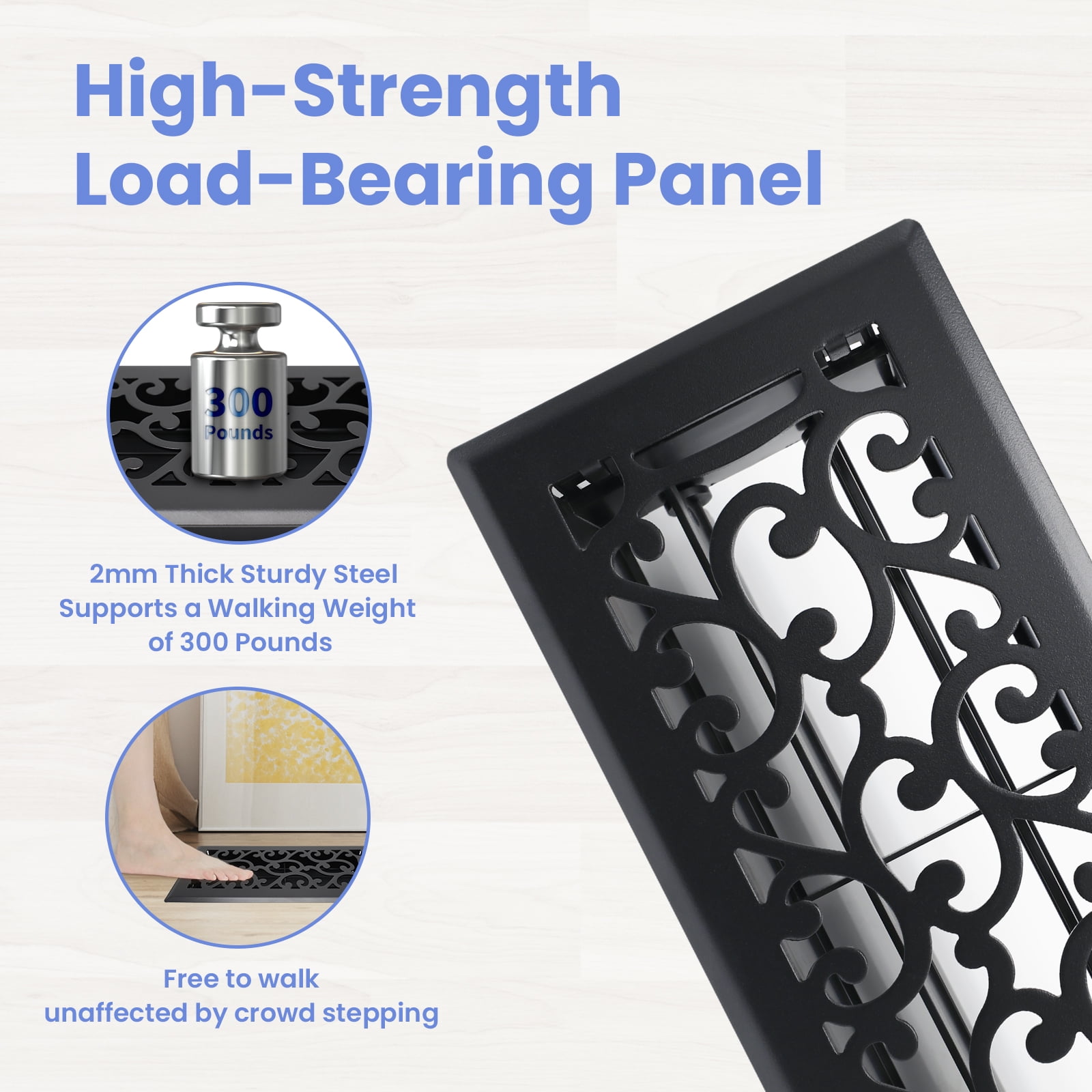4x12 Inches Heavy Duty Walkable Floor Register - Easy Adjust Air Supply Lever Decorative Floor Vent Covers - Savannah Design Vent Covers for Home - Antique Brass - Matte Black