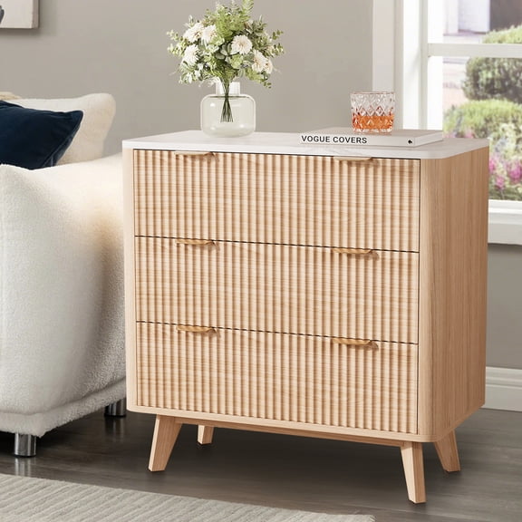 Kicctian 32" W Fluted Nightstand with 3 Drawer Bedside Table, Large Nightstand for Bedroom, Living Room, Hallway,Oak Color