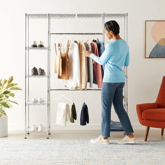 Expandable Metal Hanging Storage Organizer Rack with Shelves, Chrome