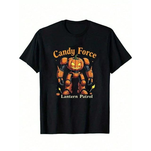 Boys Halloween Pumpkin Robot Graphic T-Shirt, Black Casual Style Halloween Shirts With Robot and Pumpkin, Girls/Boys Fall Clothes, Round Neck Short Sleeve T-Shirt