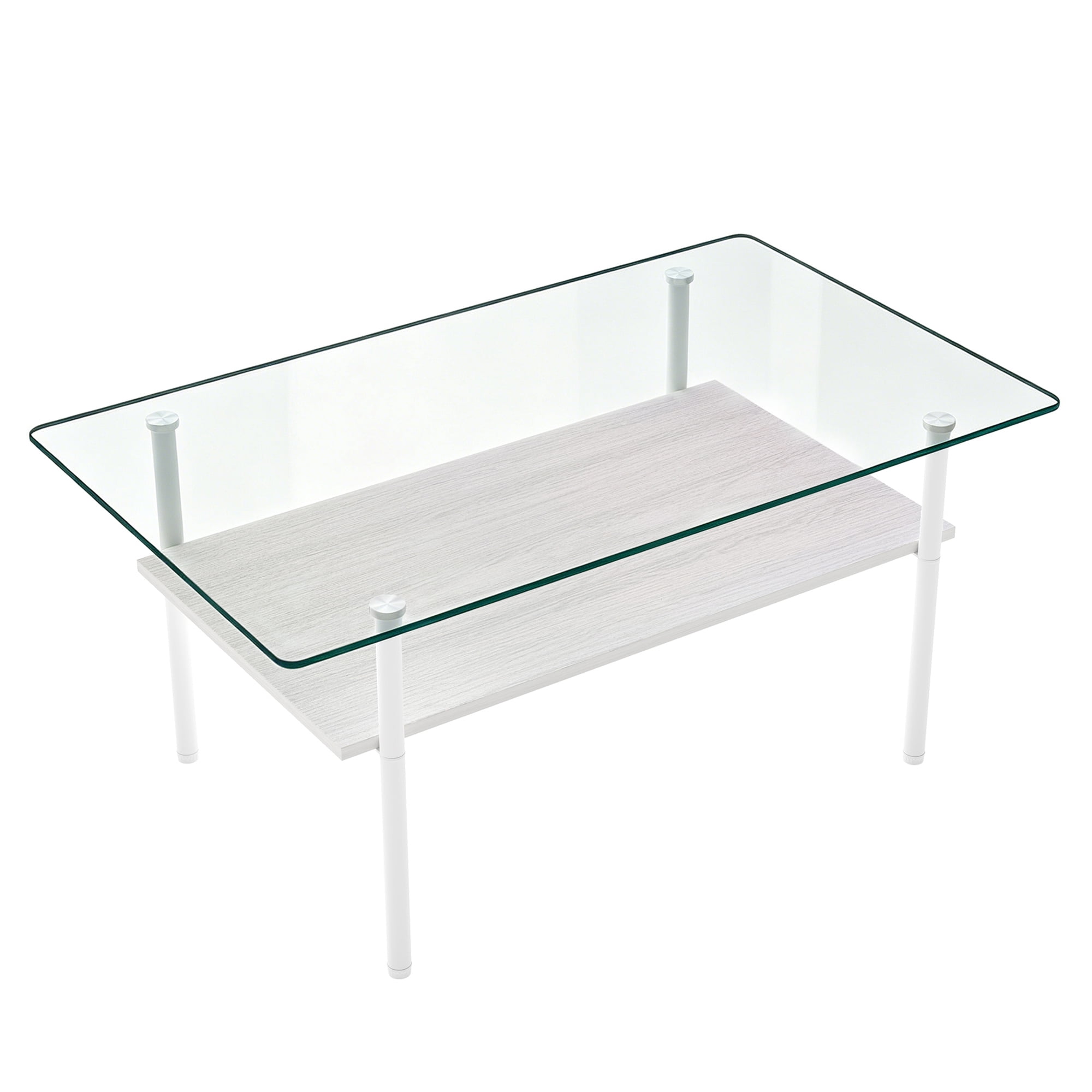Modern Rectangular Glass Coffee Table with Tempered Glass Top and Wood Shelf, 38.6-Inch Center Table for Living Room, Transparent and White