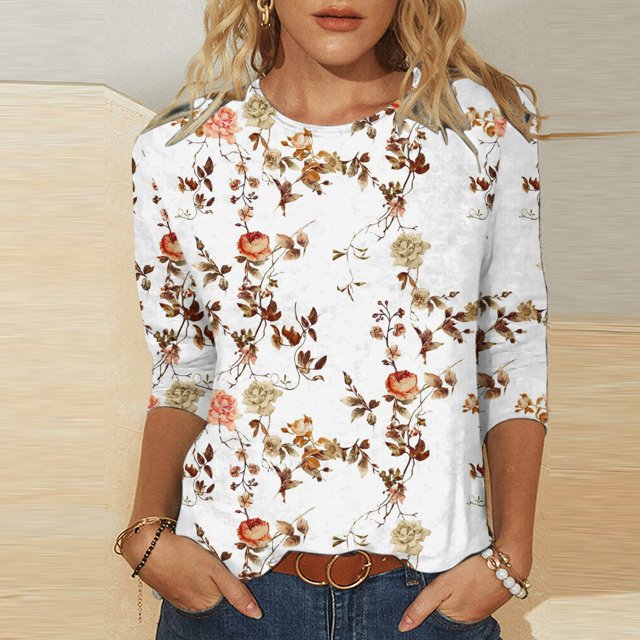 ICHUANYI Clearance Women's Fashion Printed Loose T-shirt 3/4 Sleeves Blouse Round Neck Casual Tops(Khaki, M) ICHUANYI WER2023080811909