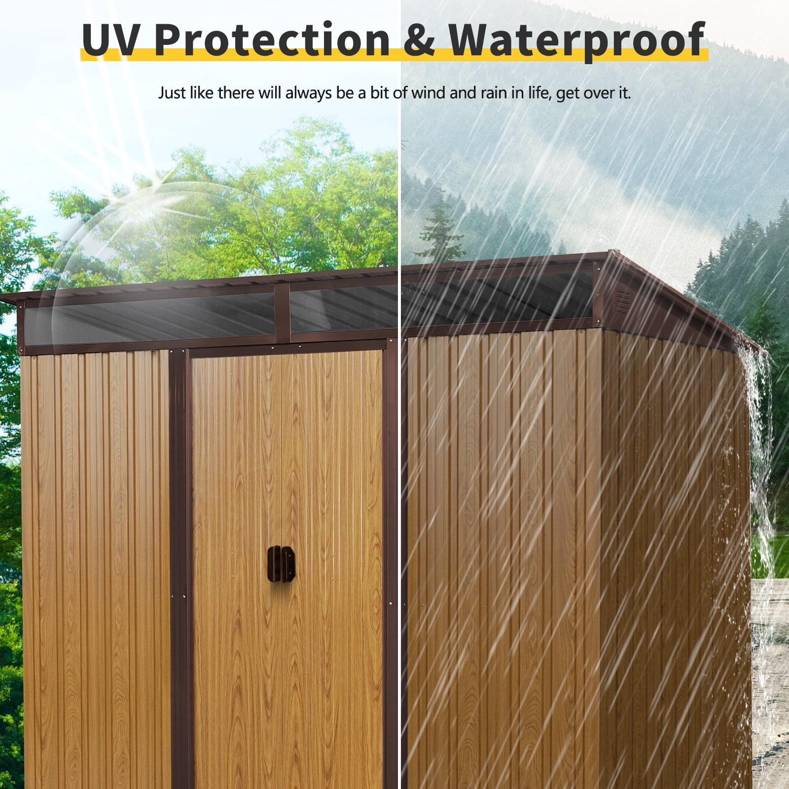 Kosynda 8' x 6' Outdoor Metal Storage Shed with Lockable Sliding Doors, Waterproof Metal Tool Storage House with Transparent Plate for Garden, Lawn, Backyard (Brown)